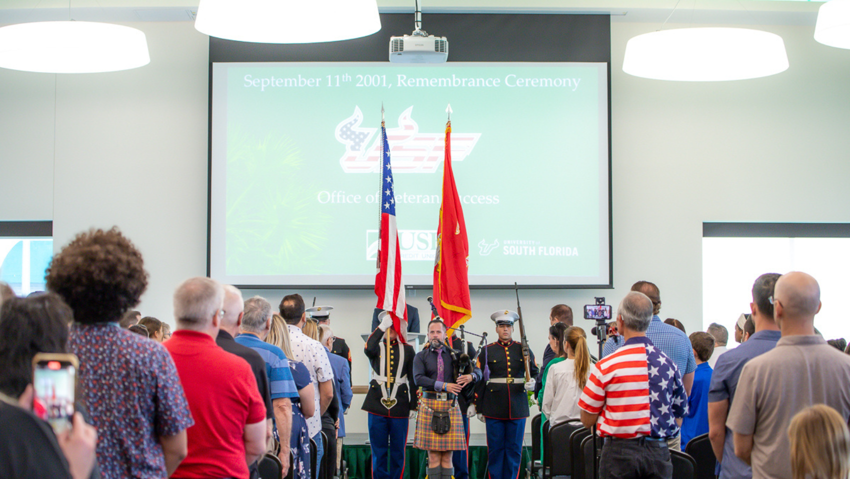 A bagpiper performs alongside the U.S. Marine Corps Color Guard during the University of South Florida Sarasota-Manatee’s September 11 remembrance ceremony honoring the lives lost and the bravery of first responders.