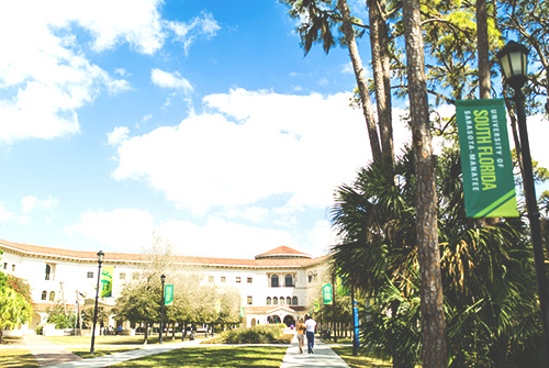 The USF Sarasota-Manatee campus walkway to the main building.