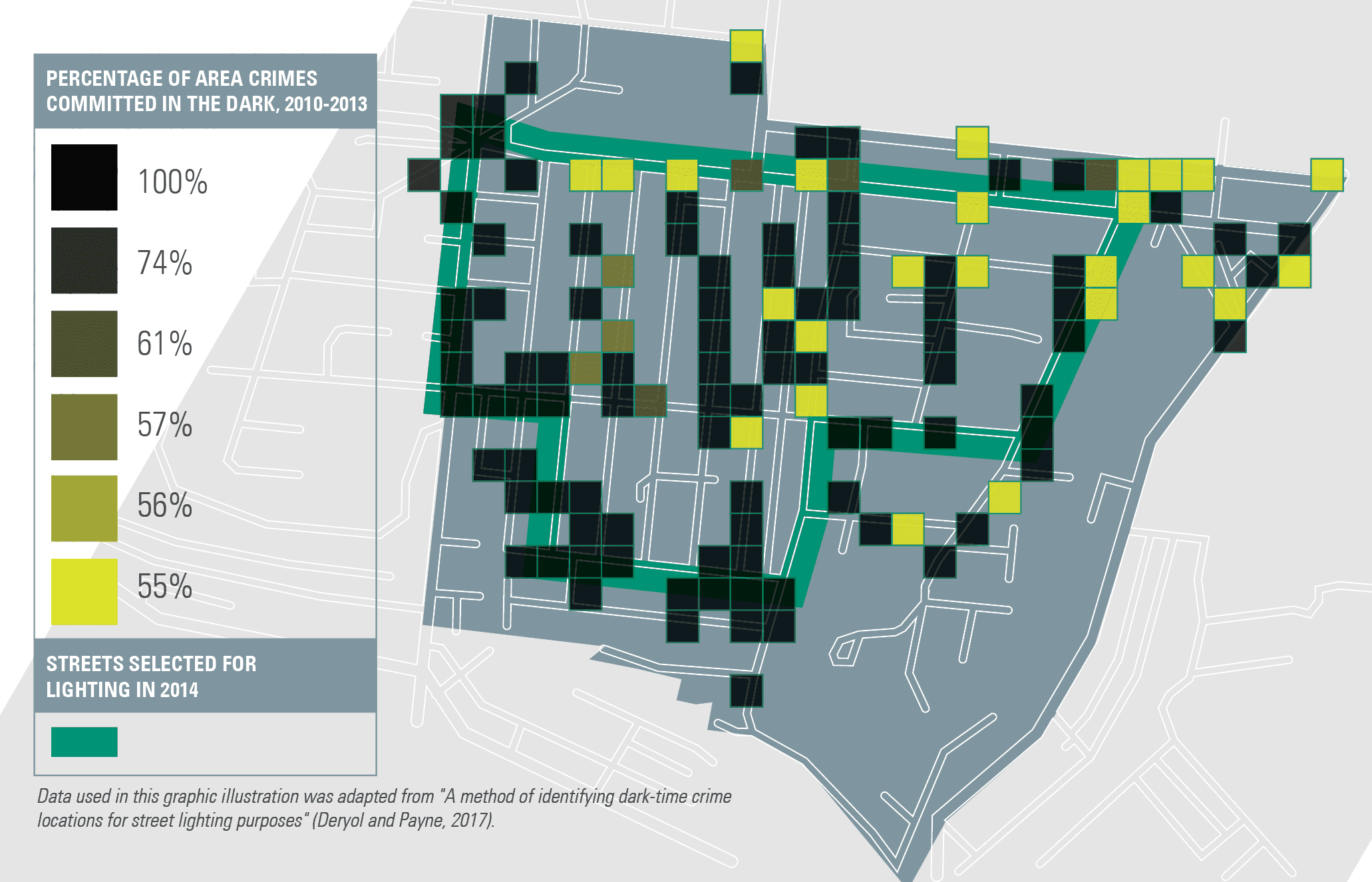 Graphic describing the relationship between crime and dark areas of a neighborhood.