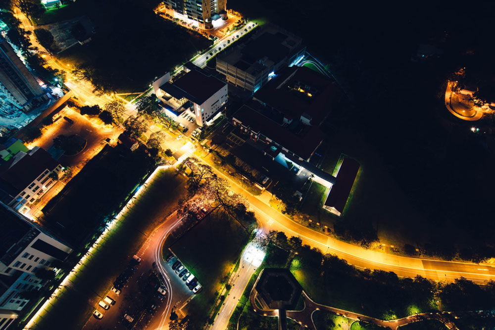 aerial shot of street at night.