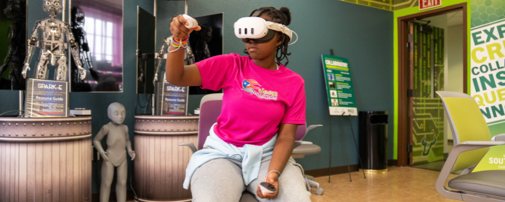 camp at college student with VR set