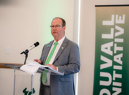 USF Sarasota-Manatee Interim Regional Chancellor Brett Kemker speaks at 2025 Duvall Conference in Student Center Ballroom.